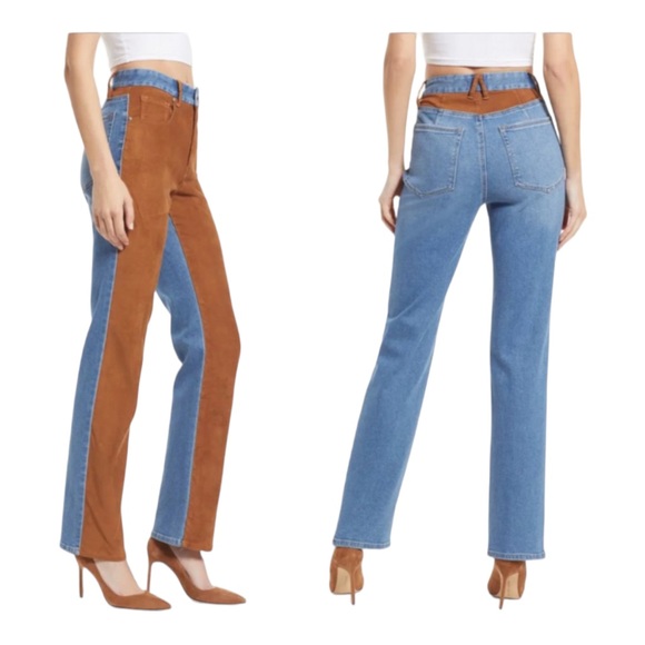NWT GOOD AMERICAN Icon Mixed Suede Denim High Rise Straight Leg Jeans Size 12/31 - Picture 8 of 14